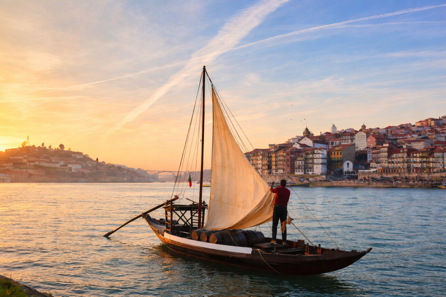 Barco rabelo no rio Douro a ajustar as velas, metáfora da comunicação estratégica da 4 Ventos